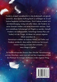Ein Text beschreibt Frederics Abenteuer, Sabines Stärke und die Suche nach Vertrauen. Im Hintergrund sind Federn und ein farbiger Nachthimmel.