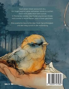 Ein Vogel sitzt in einer Hand, umgeben von einem verwischt gemalten Wald. Die Atmosphäre wirkt ruhig und nachdenklich.