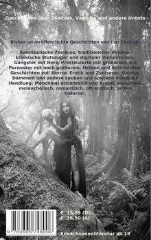 Buchbeschreibung über Geschichten zu Zombies und Vampiren. Waldszene mit Frau, die einen Schädel hält. Preis und Barcode unten.