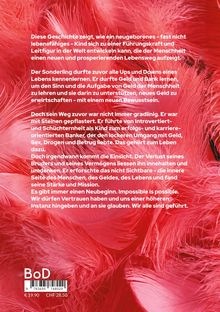 Weißer Text auf rotem Hintergrund mit einem Preis in Euro und CHF unten. Darunter ein Feder-Muster.