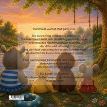 Text: "Manchmal wächst Mut ganz leise... Für Kinder ab 4 Jahren..."

Illustration: Tiere sitzen am Fluss und schauen in den Sonnenuntergang.
