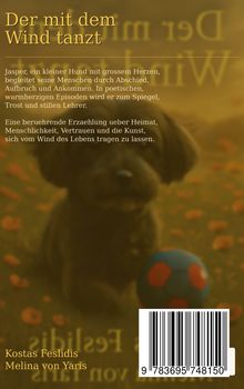"Der mit dem Wind tanzt" erzählt von Jasper, einem Hund, der Menschen mit Herz durch Höhen und Tiefen begleitet. Fließender Text vor einem unscharfen Hintergrund mit einem Hund und einem Fußball.