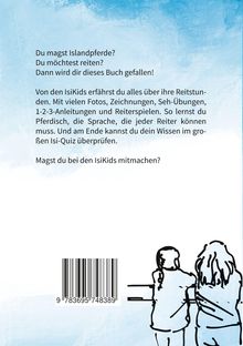 Text über Islandpferde und Reiten, blau-weißer Hintergrund, Illustration von zwei Personen von hinten.