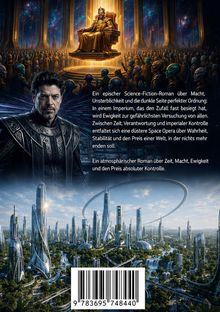 Ein epischer Science-Fiction-Roman über Macht und Unsterblichkeit. König auf goldenem Thron, futuristische Stadt.