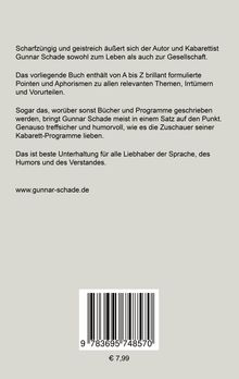 Text über ein Buch von Gunnar Schade, das Pointen und Aphorismen zu gesellschaftlichen Themen enthält. Preis: €7,99.