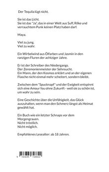 Texte: "Der Tequila lügt nicht.", "Empfohlenes Lesealter: ab 18 Jahren." Beschreibung über Sehnsucht und das Streben nach Glück.