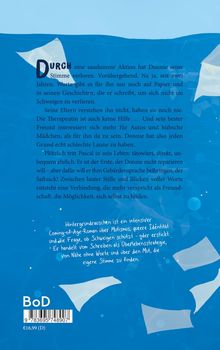 Text: Durch eine saudumme Aktion hat Donnie seine Stimme verloren... Hintergrundrauschen ist ein intensiver Coming-of-Age-Roman...

Illustration: Ein blaues Design mit weißen Akzenten.