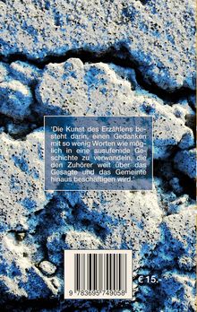 Text: „Die Kunst des Erzählens... wird.“ Preis 15 €. Hintergrund: blaue und weiße Steinstruktur. Barcode unten.