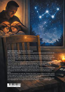 "UNBEZWINGBAR – Die Wacht der 22. Minute" erzählt von stiller Zeitmessung um 22:22 Uhr. Bild zeigt Mann mit zwei Kindern, ein leuchtender Nachthimmel und ein Kerzenlicht.