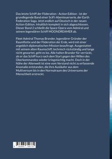 Text: SciFi-Abenteuerserie, "Das letzte Schiff der Föderation", Admiral Brander, Mission, technisches Raumschiff, Alienwelt.  
Blauer Hintergrund, Barcode unten links.