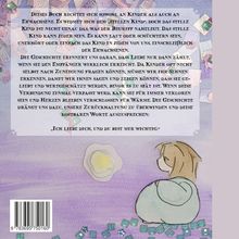 Text: „Ich liebe dich, und du bist mir wichtig.“ Illustration: Kind mit Hund vor lila Hintergrund und Kieselsteinen.