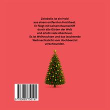Text über Zwiebelix' Abenteuer an Weihnachten. Unten ein geschmückter Weihnachtsbaum mit Stern.
