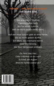 Titel: ORANGE – Was der Schlaf erinnert. Autor: André Glas. Schwarz-weißes Bild: Person auf Kopfsteinpflasterallee.