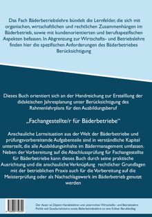Das Bild beschreibt das Fach Bäderbetriebslehre, das Lernfelder im Bäderbetrieb abdeckt, und verweist auf ein Buch zur Ausbildung.