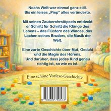 "Noahs Welt war einmal ganz still..." Ein gelbes Banner sagt "Eine schöne Vorlese-Geschichte." Kinderzimmer mit Spielzeug.