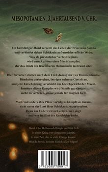 "Mesopotamien, 3. Jahrtausend v. Chr." Zwei goldene Blätter schweben auf grünlichem Hintergrund, darunter dichter Text.
