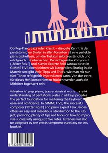 Zwei Hände spielen auf einem stilisierten Klavier. Der Hintergrund ist blau und rot mit Text über Musik.