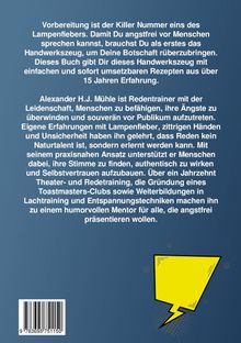 Text beschreibt Tipps gegen Lampenfieber und stellt Alexander Mühle als Redentrainer vor. Unten ein gelbes Blitz-Logo.