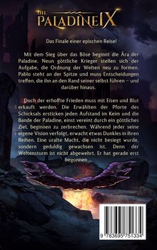 "Die Paladine IX" in Gold auf dunklem Hintergrund. Untertitel: "Das Finale einer epischen Reise!" Fantastische Landschaft mit Lava.