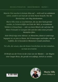 Texte: "Reiseliteratur · Briefroman · Band 1" und "Mario Silly www.500days.at".  
Beschreibung: Grüner Hintergrund, Porträtfoto unten rechts.