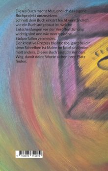 Text erklärt, wie das Buch beim Schreiben hilft. Im Hintergrund ist ein buntes abstraktes Muster in Rot, Blau und Gelb.