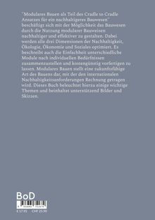 Text über modulares Bauen und Nachhaltigkeit. ISBN mit Preisangabe in Euro und CHF. Grauer Hintergrund.