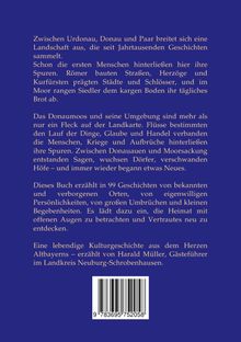 Eine blaue Fläche mit weißem Text beschreibt eine Landschaft zwischen Urdonau, Donau und Paar. Unten ist ein Barcode.