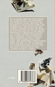 Text über Gedanken und das innere Licht. ISBN: 9783695757763. Preis: € 15,-. Zerfetztes Papier und Fotos darunter.