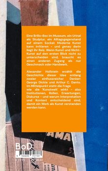 Text in einem orangefarbenen Feld beschreibt moderne Kunst und ihre Interpretation. Es gibt auch einen Barcode.