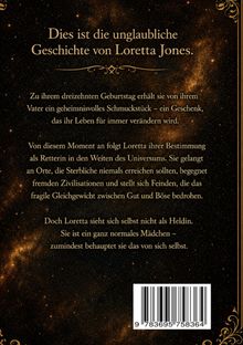 Goldener Text auf einem sternenklaren, dunklen Hintergrund beschreibt die Geschichte von Loretta Jones. Barcode unten.