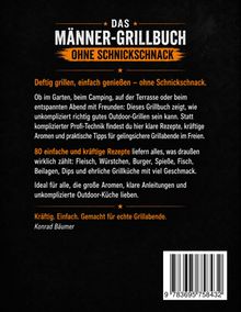 „Das Männer-Grillbuch ohne Schnickschnack“ in großen Buchstaben. Text beschreibt einfache, deftige Grillrezepte.