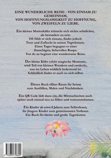 Ein kleiner Marienkäfer sucht Besonderheit. Er trifft eine Raupe und beginnt eine Reise voller Wunder. Eine Blume mit Marienkäfer darunter.