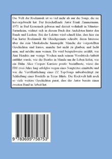 Rückseite eines Buches mit Text über Rockmusik und ihre Geschichten, ISBN unten. Blauer Hintergrund mit schwarzem Rand.