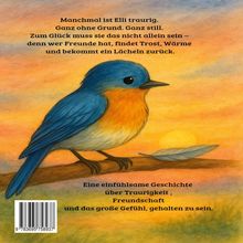 Text über Traurigkeit und Freundschaft, daneben ein blauer Vogel sitzt auf einem Ast mit einer gefallenen Feder.