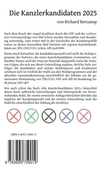 "Die Kanzlerkandidaten 2025 von Richard Bercanay" steht oben. Unten bunte Kreis-Symbole mit X und eine ISBN.