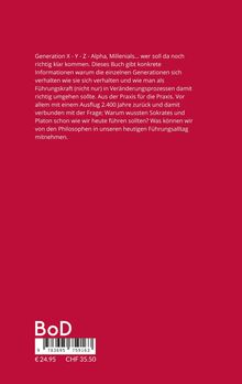 Roter Hintergrund mit Text über Generationen und Führung. Erwähnt prominente Philosophen. Unten Barcode und Preisangaben.