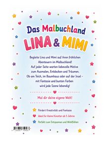 "DAS MALBUCHLAND LINA & MIMI" in bunten Buchstaben, umgeben von Sternen und Herzen. Text über kreative Abenteuer.
