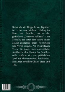 Text beschreibt Kelan, der ein Doppelleben führt: Lehrling am Tag, nachts ein Maskenmonstrum. Dunkelgrüner Hintergrund.