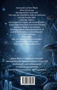 Ein Astronaut auf dem Mond entdeckt eine fremde Welt. Text über ein geheimnisvolles Artefakt. Fantasievolle, leuchtende Landschaft.