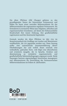 Text über die Bedeutung der „Alten Pflichten“ der Freimaurerei. Unten Preise: € 15,50, CHF 22,50. Barcode und BoD-Logo.