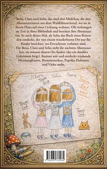 Text beschreibt drei Mädchen, die Abenteuer erleben. Illustration zeigt sie mit Schildern "Team Cat". Verzierter Rahmen.