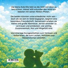 Text über Freundschaftsgeschichten. Illustration: Eine Eule und ein Wiesel sitzen zusammen in einer grünen Landschaft.