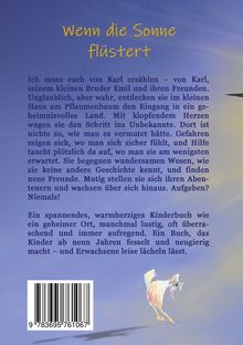Titel: Wenn die Sonne flüstert  
Text beschreibt ein spannendes, warmherziges Kinderbuch.  
Bild zeigt auch ein stilisiertes Huhn.
