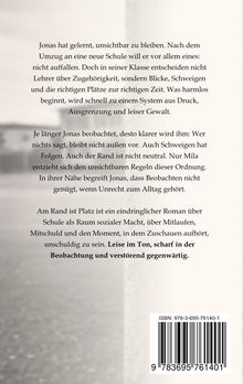 Text über Jonas' Erfahrung an einer neuen Schule, soziale Dynamiken und stille Gewalt. ISBN unten rechts.