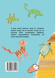 Text über ein Abenteuer von Dr. Krummbein und Freunden. Zeichnungen von Tieren, darunter Chamäleon, Hund, Schildkröte.