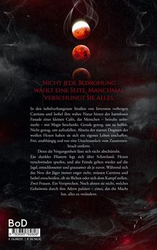 Text: "Nicht jede Bedrohung wählt eine Seite, manchmal verschlingt sie alles." Illustration mit roten Planeten und dunklem Hintergrund.