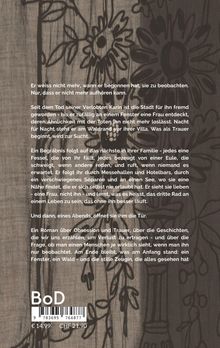 Ein Text beschreibt eine Geschichte über Verlust, Obsession und Trauer. Im Hintergrund sind florale Zeichnungen zu sehen.