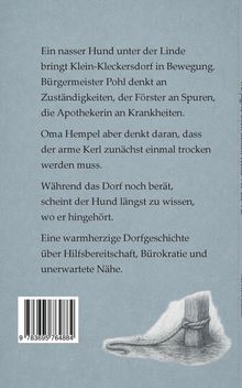 Ein Text erzählt von einem nassen Hund, der ein Dorf belebt. Darunter eine Bleistiftzeichnung von einem Pfahl mit Seil.
