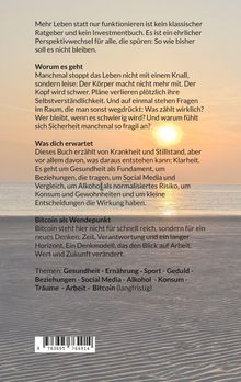 Text beschreibt Themen: Gesundheit, Ernährung, Sport, Geduld, Beziehungen, Social Media, Alkohol, Konsum, Arbeit, Bitcoin. Sonnenuntergang am Strand im Hintergrund.