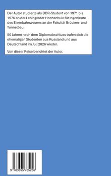 Textbox auf blauem Hintergrund, Inhalt über DDR-Studenten und ein Treffen nach 50 Jahren. Unten ist ein Barcode.